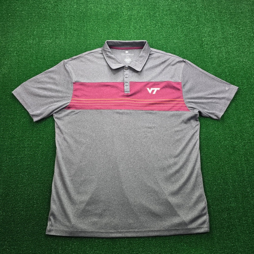 Virginia Tech Hokies Polo Shirt Mens 2XL Grey Maroon Striped Colosseum NCAA